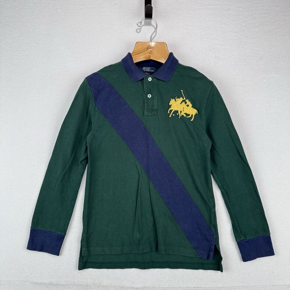 Vintage Polo Ralph Lauren Boy's M 10-12 Shirt Green Long Sleeve Double Big Pony